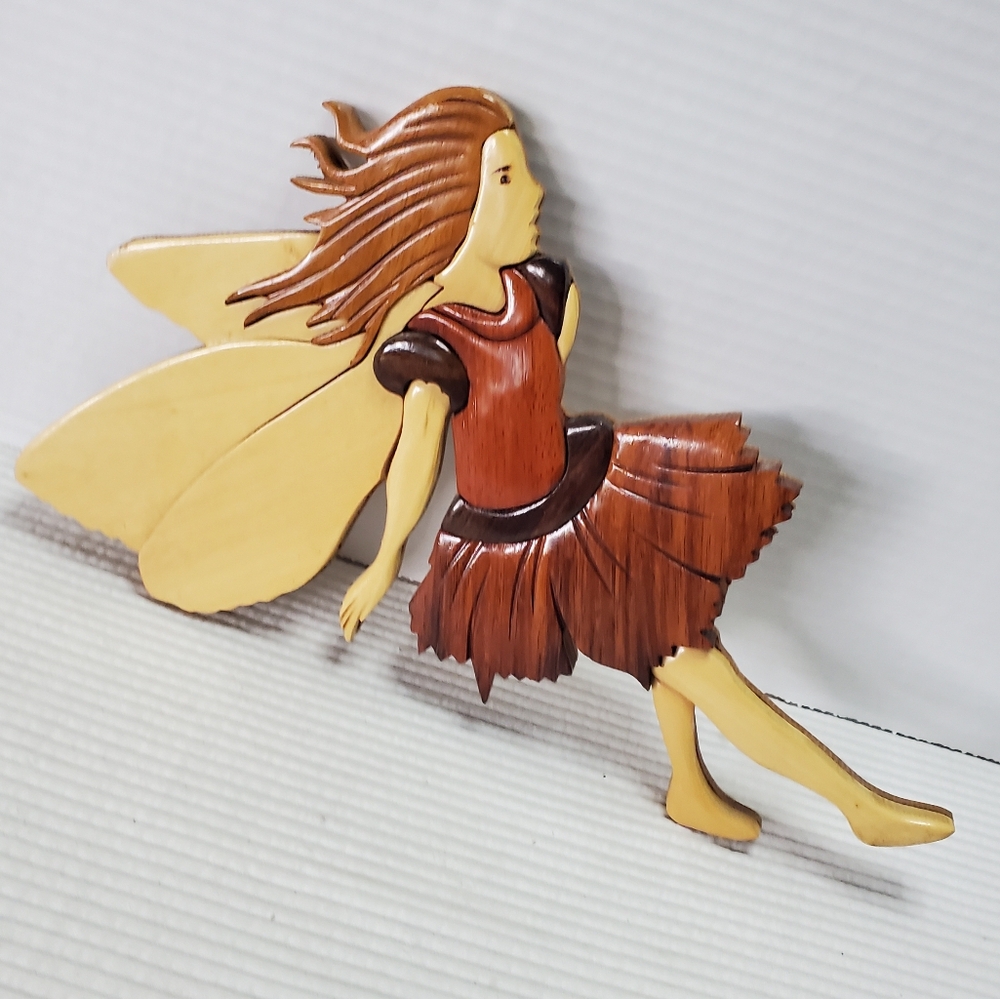 Fairy Intarsia Wooden Wall Decor 11"x7" Vintage Handmade 3D 2016 Writing On Back